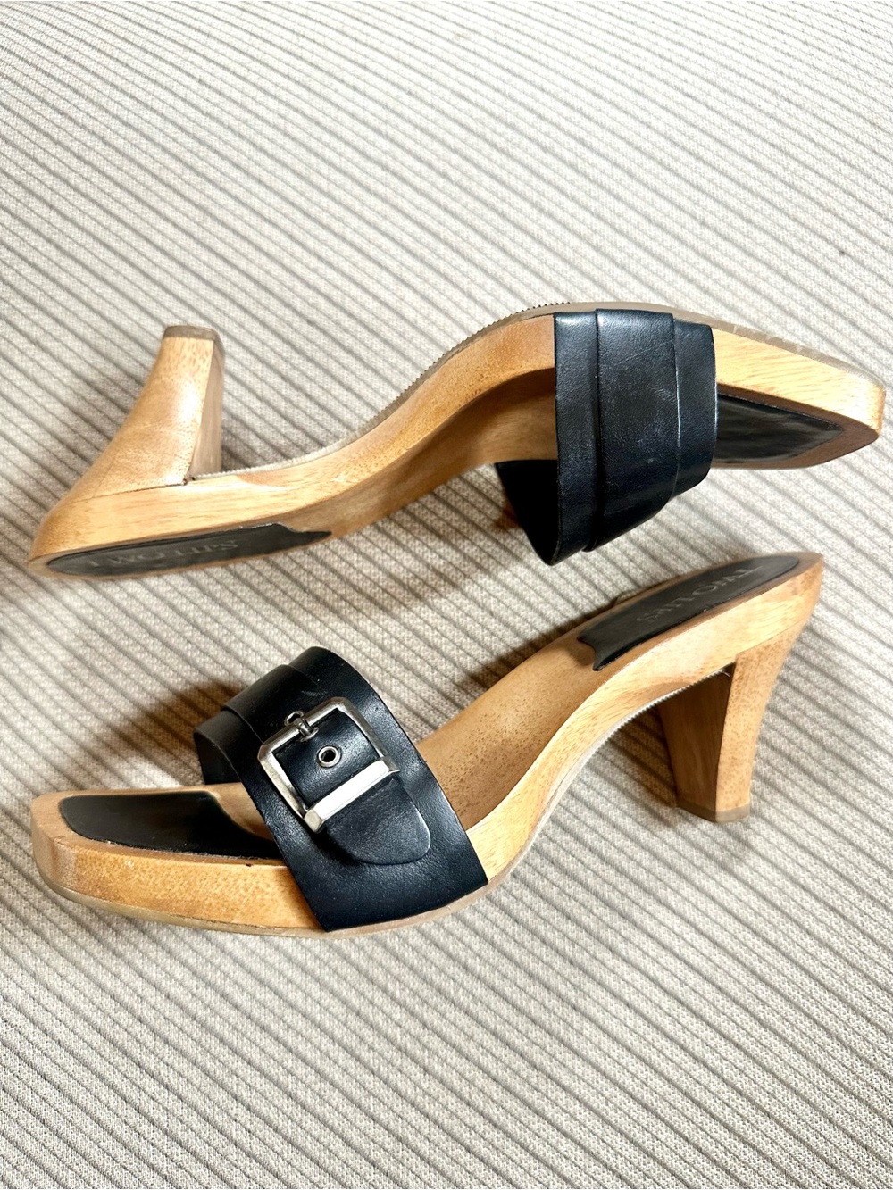 Vintage Y2K Two Lips Oriana Black Leather Wood Clog Slide Sandals 9M